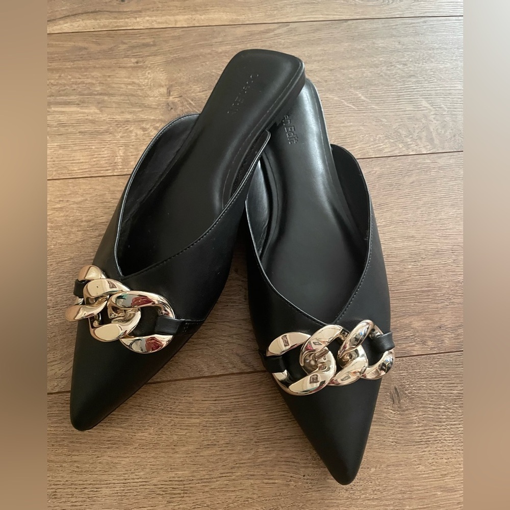 Black Pointed Slip-On Mules with Gold Chain Detail
